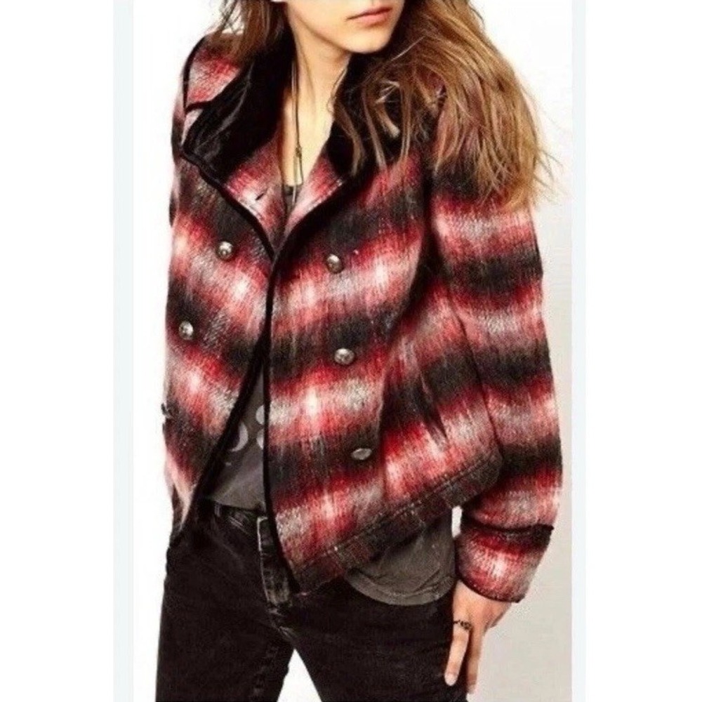 Free People Women's Wooly Officer Military Jacket Red & Black Plaid Wool Size XS